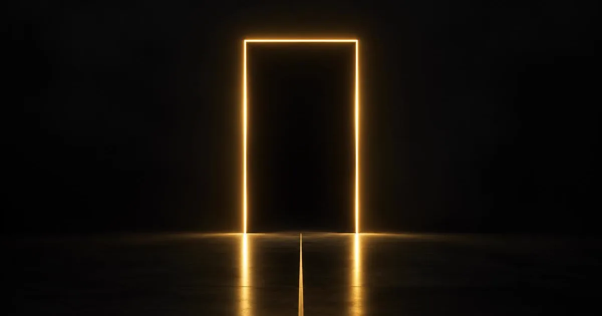 Abstract illustration: a golden doorframe of light on a dark background.